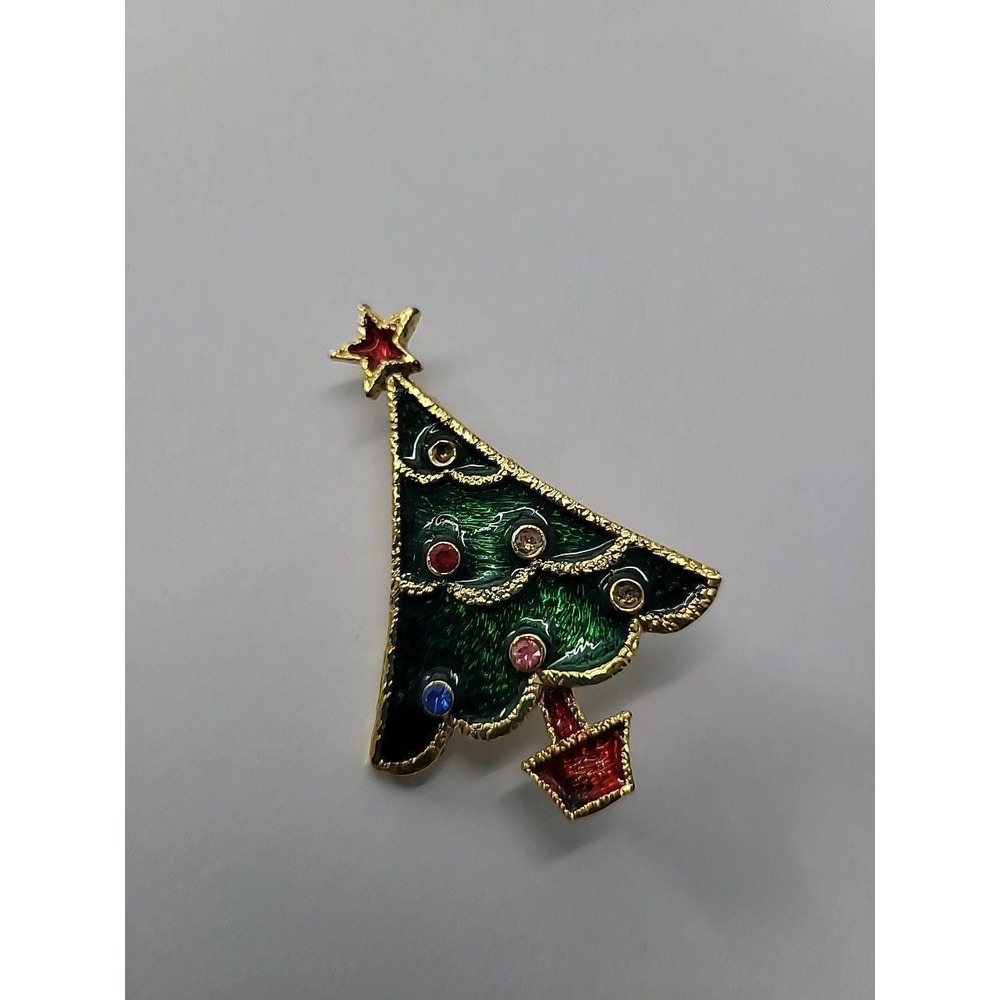 Vintage Beatrix Christmas Tree Brooch Green Enamel‎ Gold Tone Holiday Pin Signed